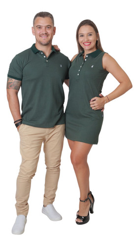 Kit Polos Casal Camisa E Vestido Namorados Verde Musgo
