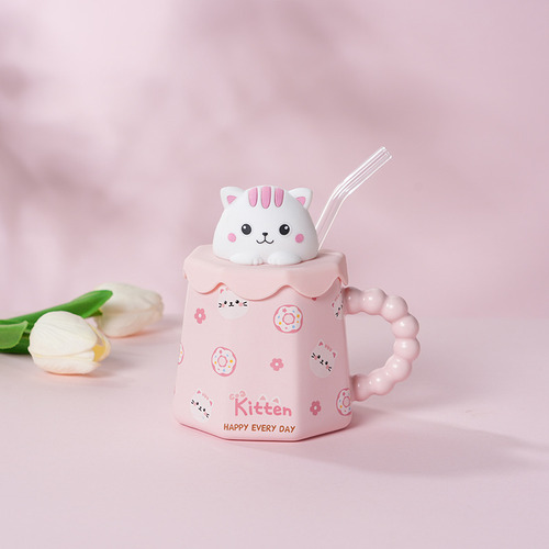 Taza De Cerámica 360 Ml Diseño Animal Con Tapa Y Popote,