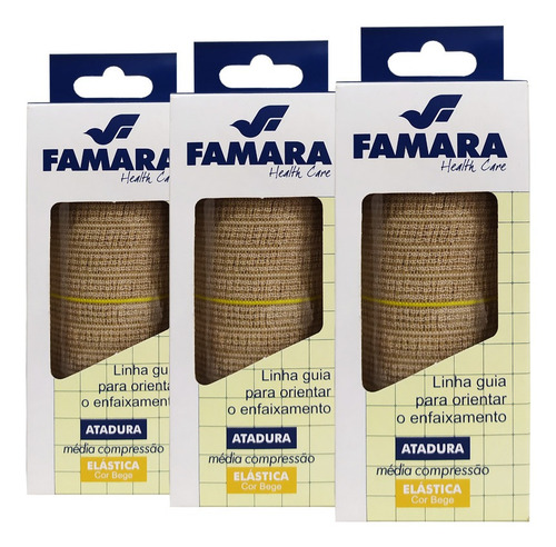 3 Atadura Elástica Média Compressão 10cm X 1,30m Bege Famara