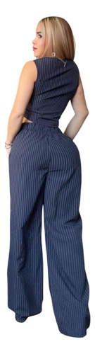 Traje Mujer, Conjunto Pantalon Y Chaleco Dama Rayas Azul Oscuro G