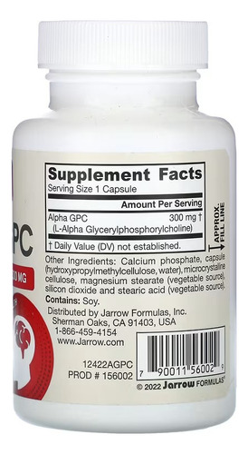 Jarrow Formulas Alpha Gpc 300 Mg 60 Capsulas Vegetales Sabor Sin Sabor