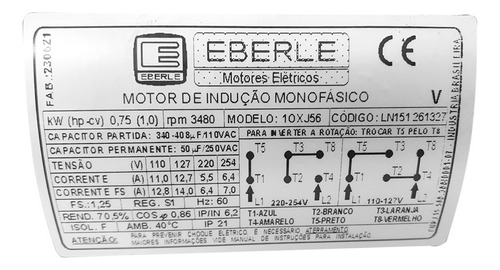Motor Elétrico Monofásico 1cv 2 Polos Alta Rotação 110/220v