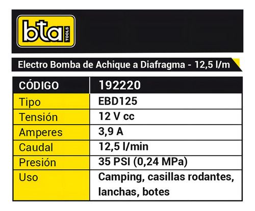 Bta Tools 192220 bomba presurizadora a diafragma 12v para casillas 12.5