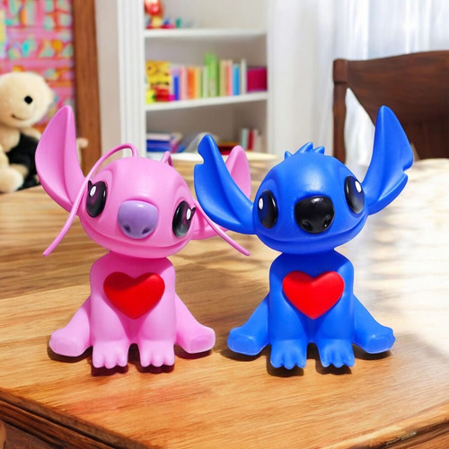 Kit Luminária De Mesa Casal Stitch E Angel Coração Abajur