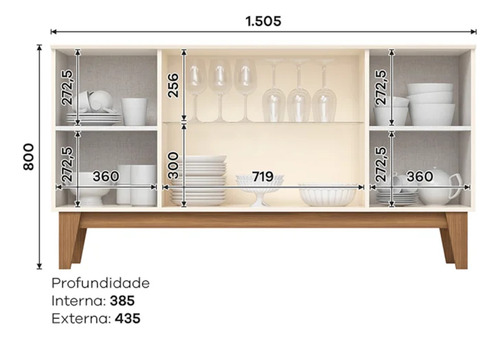 Balcão Buffet Eiffel 4 Portas 3 Prateleiras Com Vidro Off White Nature Henn