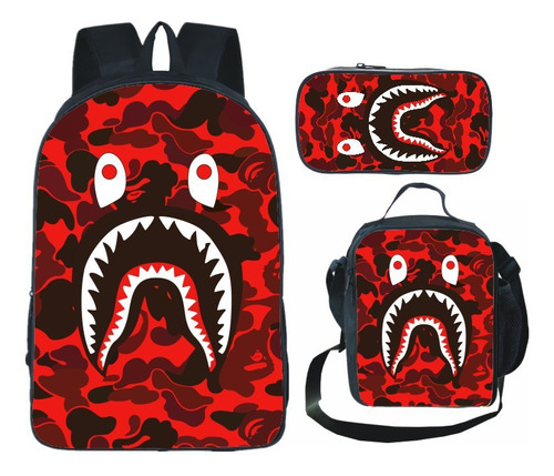 Set De 3 Piezas De Mochila Escolar Con Estampado De Tiburón