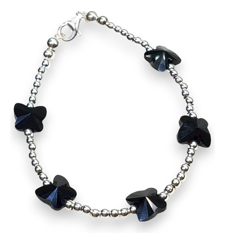 Pulsera Plata Con 5 Mariposas Cristal Swa Negras Jet