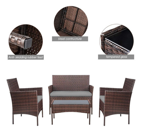 Juego De Jardin Sillones + Mesa Set Ratan Para Exterior Lcm Estructura Marrón oscuro