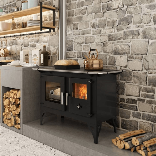 Cocina Calefactor A Leña 115 M2 F700f Con Kit Caños + Codos