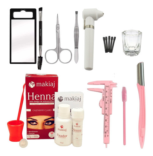 Kit Profissional Henna Makiaj Navalha + Pincel + Paquimetro Cor Castanho Claro