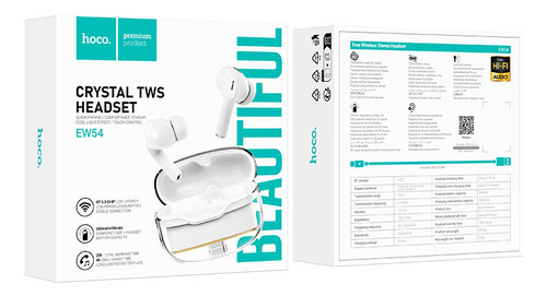 Fone de ouvido sem fio branco Hoco Ew54 Crystal Tws 24 horas