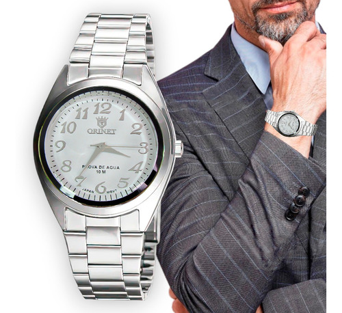 Relógio Masculino Orinet Luxo Original Prova D'água Cor da correia Prateado Cor do fundo Branco