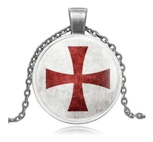 Colar Cruz Dos Templários Prata E Vermelha Cor Prateado