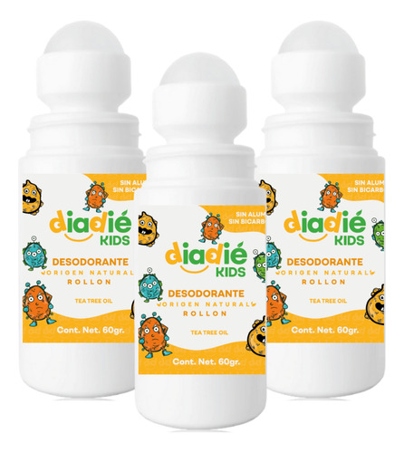 Diadie 3pack Desodorante Natural Kids. Para Niños. Roll On Fragancia POWDER