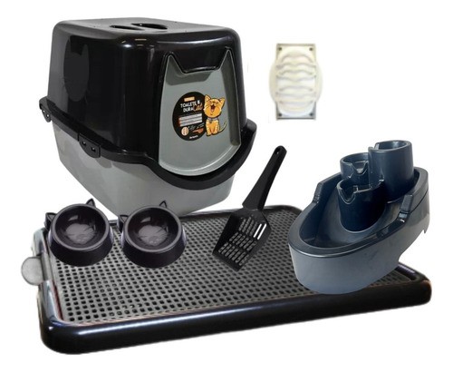 Caixa Areia Gato Fechada + Tapete Coletor De Areia + Fonte Cor Kit Preta