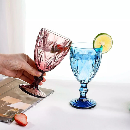6 Pzs Copa De Vino Cristal De Agua Grabado Vidriera Vintage Color Transparente