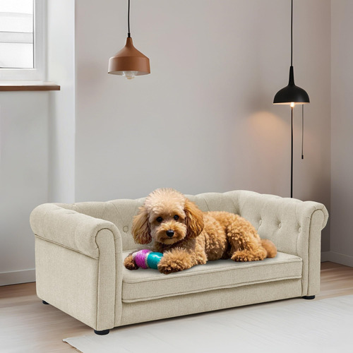 Sofá Cama Elevado Para Perros Grandes Tela Lavable En Seco Beige Talle