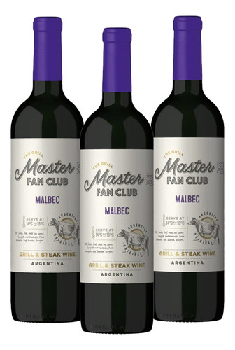 Pack De 3 Vino Tinto Grill Master Fan Club Malbec 750ml