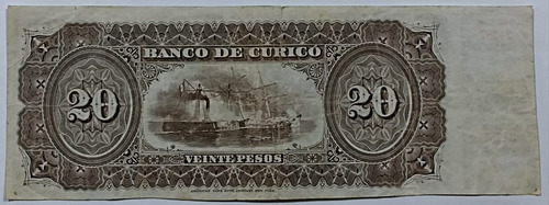 Billete De El Banco De Curicó 20 Pesos De 1882 Con Talón (Usado)