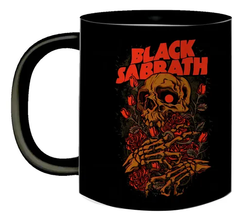 Caneca Preta Metal Rock Black Sabbath Caveira E Flores