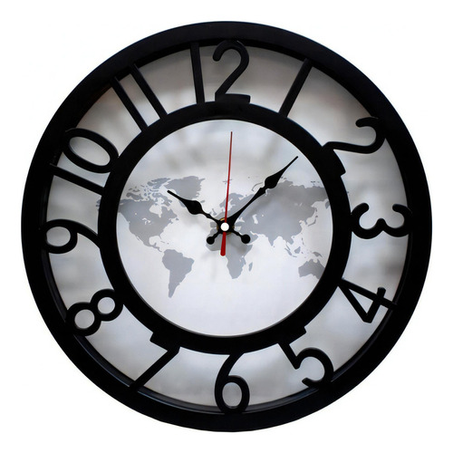Relógio De Parede Preto Mapa-múndi Decorativo 30x30cm