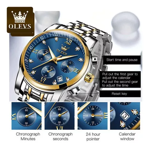 Reloj pulsera Olevs 9931 de cuerpo color plateado, analógico, para hombre,  fondo azul, con correa de acero inoxidable color plateado y dorado, agujas  color dorado y blanco, dial dorado y plateado, minutero/segundero