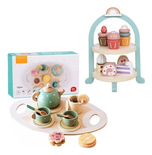 Juego De Fiesta De Té Cafe Y Pastel Juguete De Madera 23 Pza