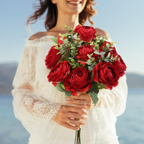 Flores Artificiales De Peonías Rojas, 4 Unidades De Peonías