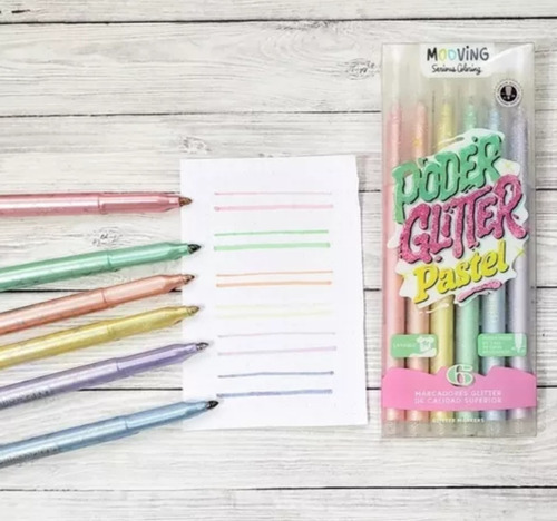 Imagen 3 de 5 de Marcadores Mooving X 6 Colores Glitter Pastel Lavables