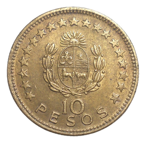 Uruguay Moneda De 10 Pesos 1965 - Km#48 Broncealuminio Exc.+