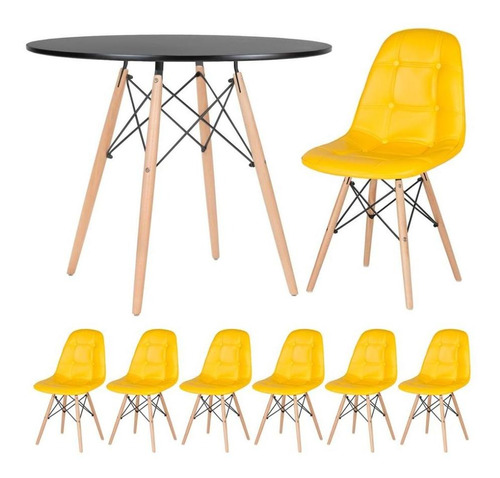 Mesa Jantar Eames 90 Cm 6 Cadeiras Estofada Botone Coloridas Cor Amarelo