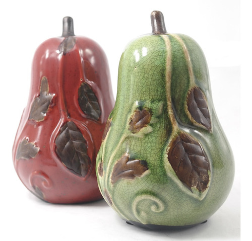 Pêras Em Cerâmica Para Decoração - Vermelho E Verde