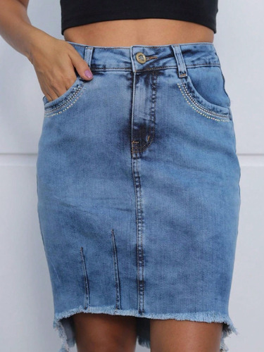 Saia Feminina Jeans Com Strass Cintura Alta E Barra Desfiada