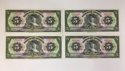 4 Billetes Antiguos $5 Pesos Gitana Sin Circular Año 1961 