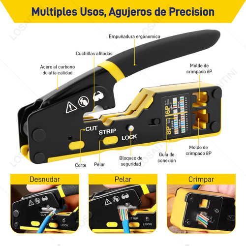 Losaitini® Kit De Pinzas Ponchadora De Cable Crimpadora Rj45 Cat5/6 Material De La Hoja Acero Inoxidable Durable Compatible Con Cables Cat5, Cat5e, Cat6, Cat6a Y Conectores Rj11 Y Rj12