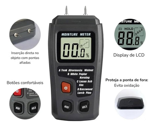 Medidor De Umidade Madeira 2 Pinos Display Lcd Digital