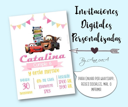 Invitación Digital Personalizada Cars Disney Mod.3 Nena Zoom