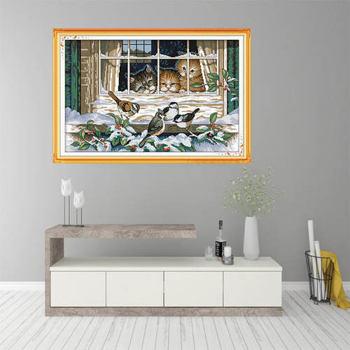 Imagen 4 de 6 de Kit De Punto De Cruz Con Estampado De Gatos Y Pájaros Para