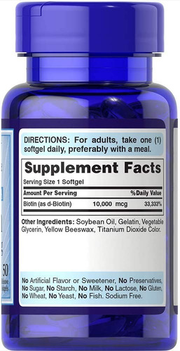 Biotina Capsulas 10000 Mgc Puritans Pride Cabello Uñas Piel Sabor Sin sabor
