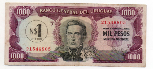 Uruguay Billete 1000 Pesos Resellado 1 Nuevo Peso 1975 P#55