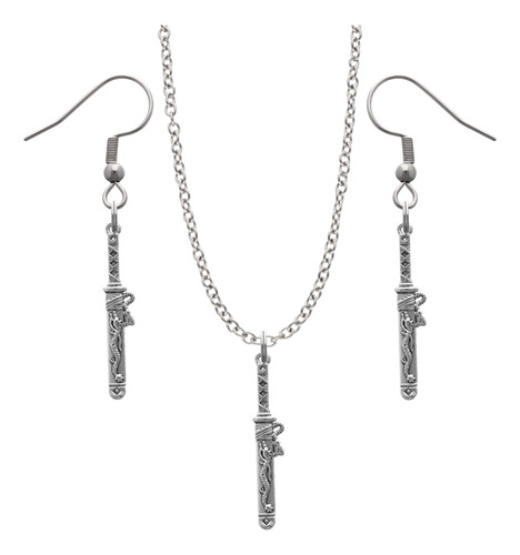 Kit Collar Y Aretes Espada Arma Medieval Dije Cadena Acero Plateado 2