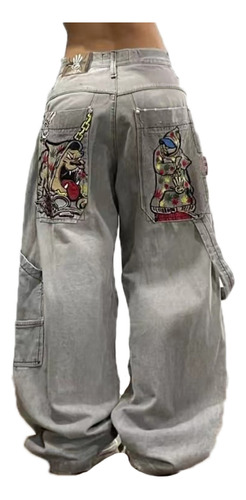 Jeans Y2k Con Estampado Vintage Bordado, Cintura Alta Holgad