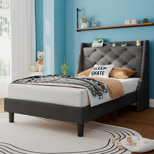 Base De Cama Ipormis Individual Y Con Puerto Usb Gris Oscuro