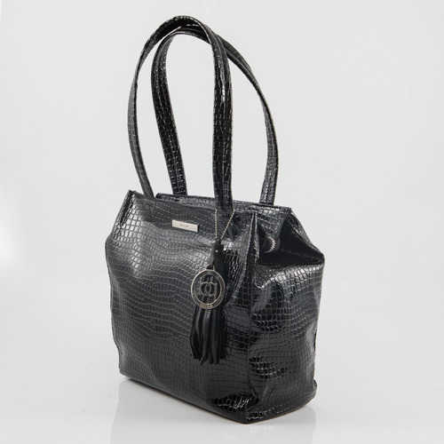 Imagen 2 de 4 de Shopping Bag Cartera Croco Charol Negro Blaque - Houston