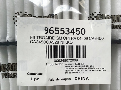Filtro Aire Chevrolet Optra 04-09 Ca3450 Ca3450 Ga328 Nikko