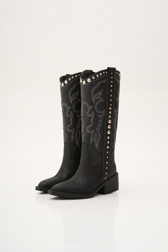 Botas Texanas Mujer Cuero Taco Medio Tachas Bordados Herol