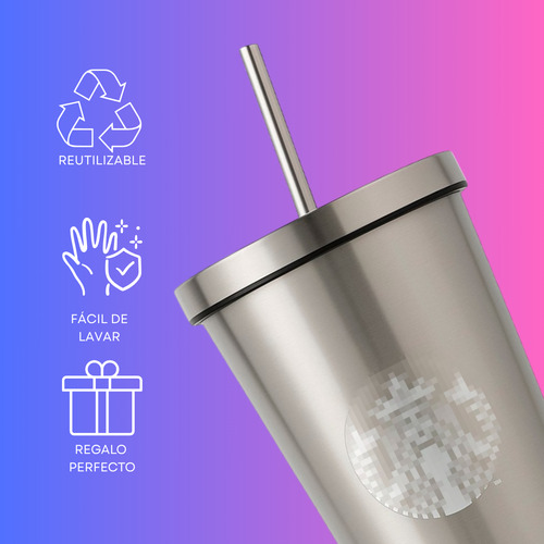 Vaso Liso De Metal De 600 Ml Con Tapa Y Popote Color Plata (clicuc)