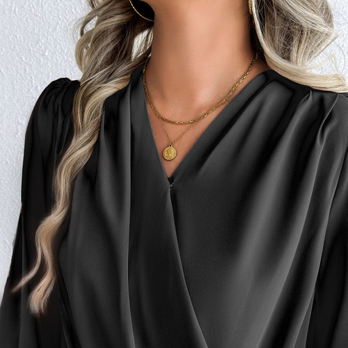 Camisa Feminina De Chiffon Com Decote Em V Lantern Commuting