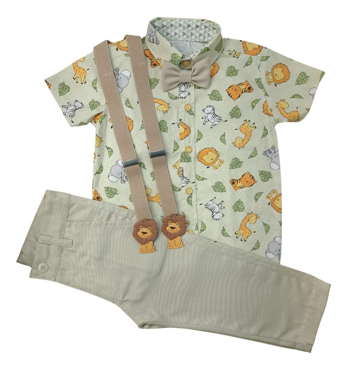 Blue Kids Conjunto Safari Bege 4 peças (camisa, calça, suspensório, gravata) 3 anos