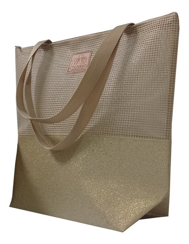 Bolsa De Praia Com Necessaire - Dourada Acambamento dos ferragens Níquel Cor Dourado Cor da correia de ombro Bege Desenho do tecido Liso